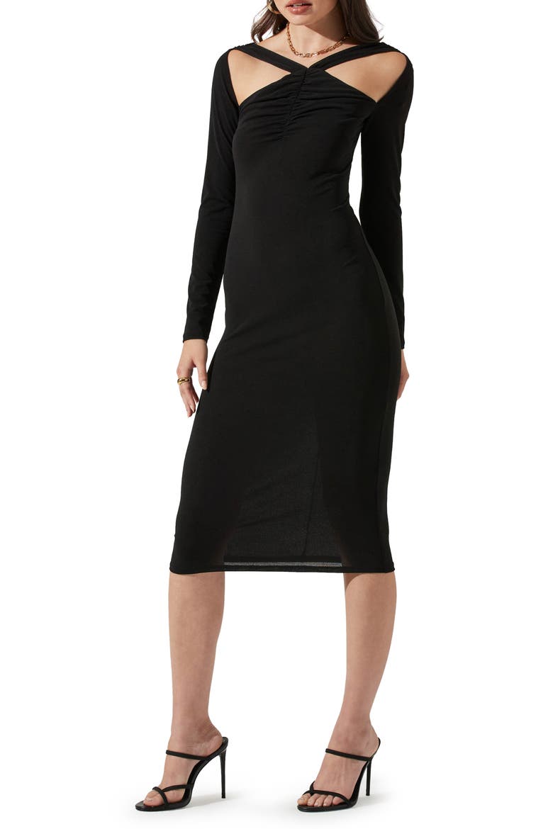 Cutout Detail Long Sleeve Body-Con Dress, Main, color, BLACK