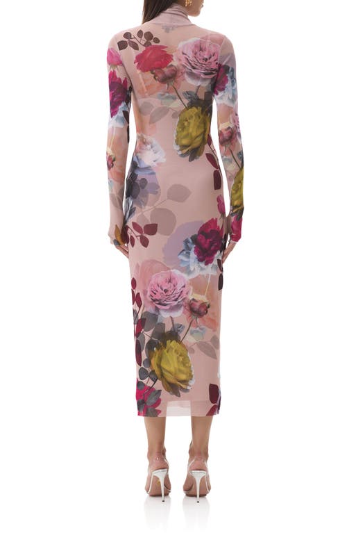 Afrm Shailene Print Long Sleeve Powermesh Body-con Midi Dress In Pink