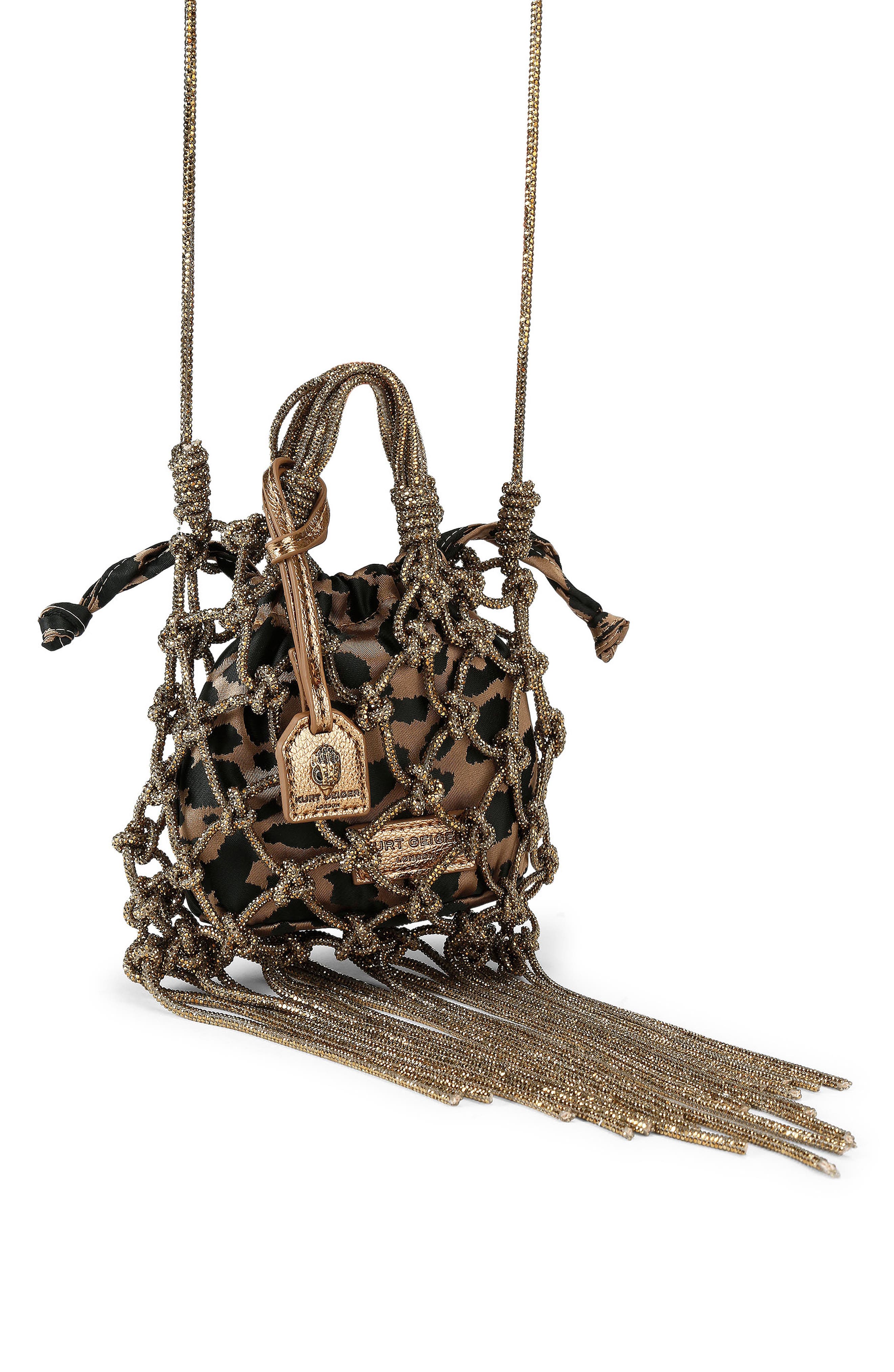 Kurt Geiger London Mini Macramè Crystal Drawstring Bag, Alternate, color, Open Brown