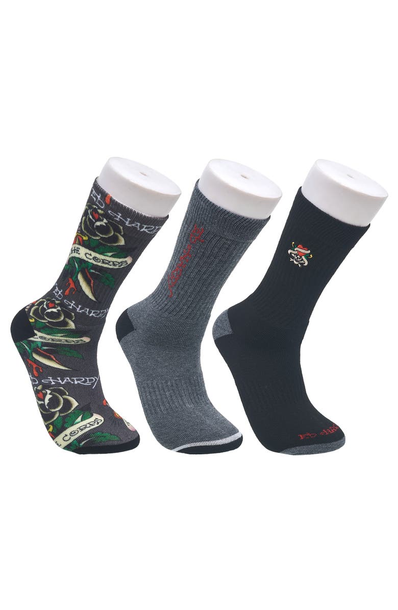 Ed Hardy 360 Print Full Cushion Crew Sock 3-Pack, Main, color, Grey