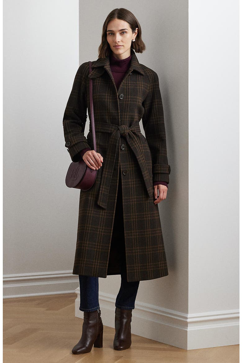 Plaid Wool Blend Maxi Trench Coat, Alternate, color, BROWN PLAID