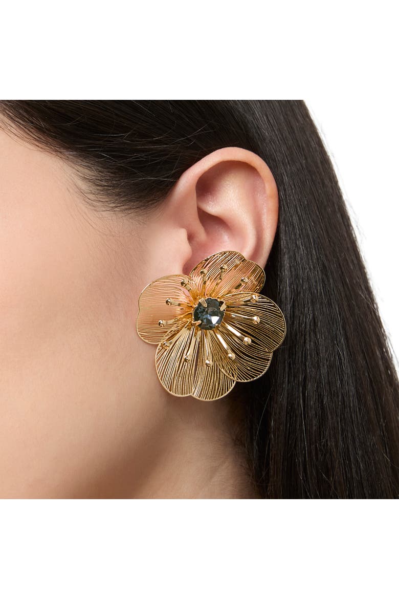 Gold-Tone Filigree Flower Stud Earrings with Blue Crystal Center, Alternate, color, Gold