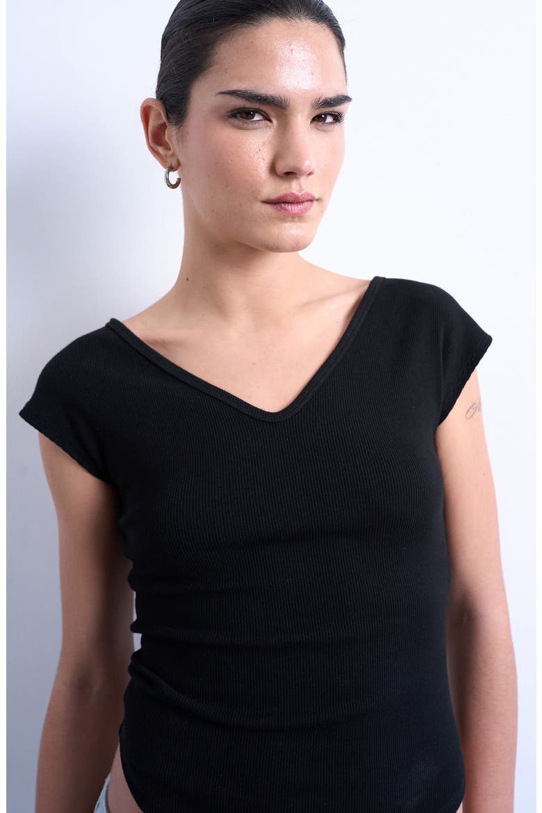 V-Neck Cap Sleeve Crop Stretch Cotton Rib Top, Alternate, color, BLACK
