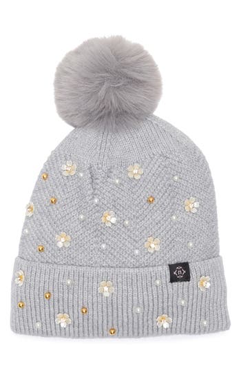 Nanette Lepore Scattered Embellished Faux Fur Pompom Beanie In Gray