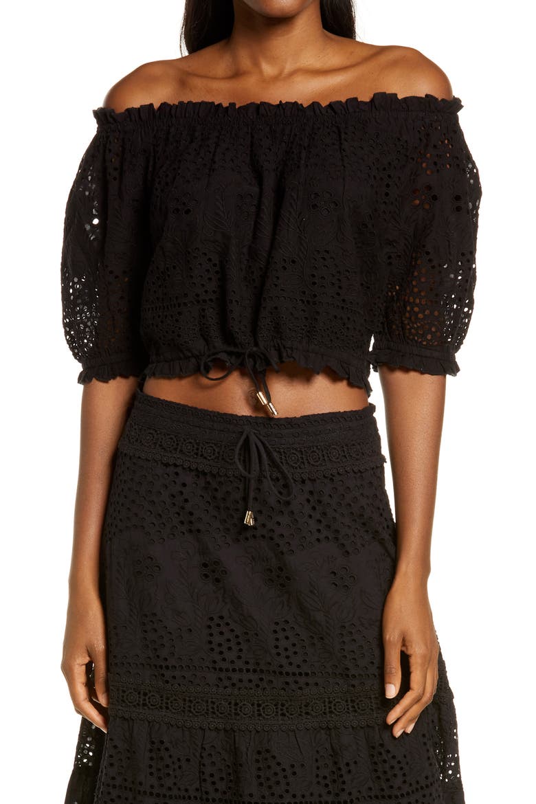 Francesca Eyelet Off the Shoulder Cover-Up Top, Main, color, BLACK