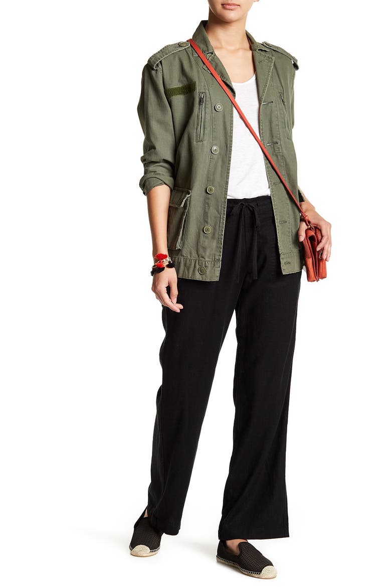 Linen Blend Drawstring Pants, Main, color, BLACK