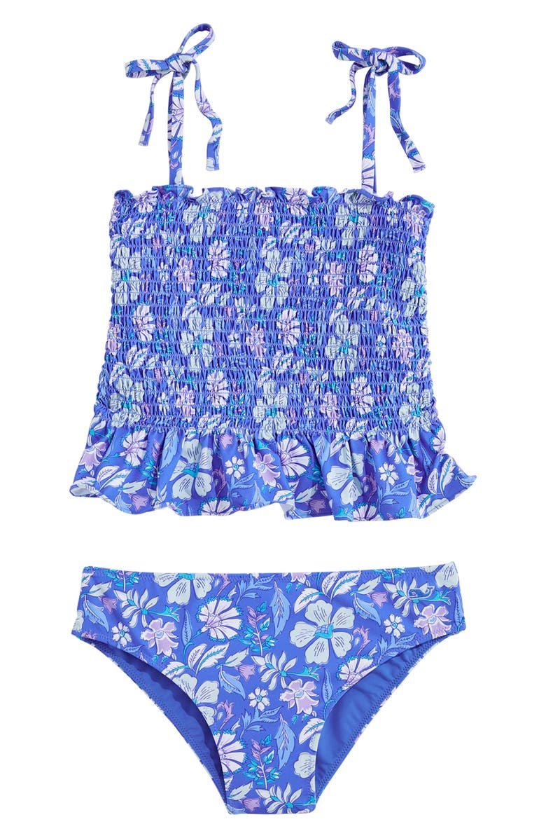 vineyard vines Kids' Heart Smocked Two-Piece Swimsuit, Main, color, Hibiscus Breakerblue