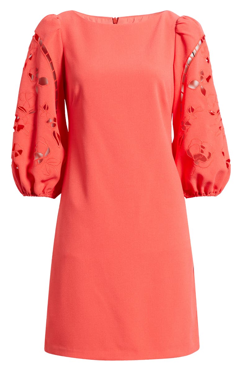 Vince Camuto Eyelet Sleeve Crepe Shift Dress, Alternate, color, Hot Coral