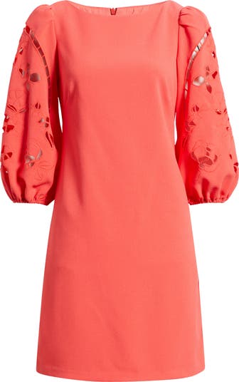 Eyelet Sleeve Crepe Shift Dress