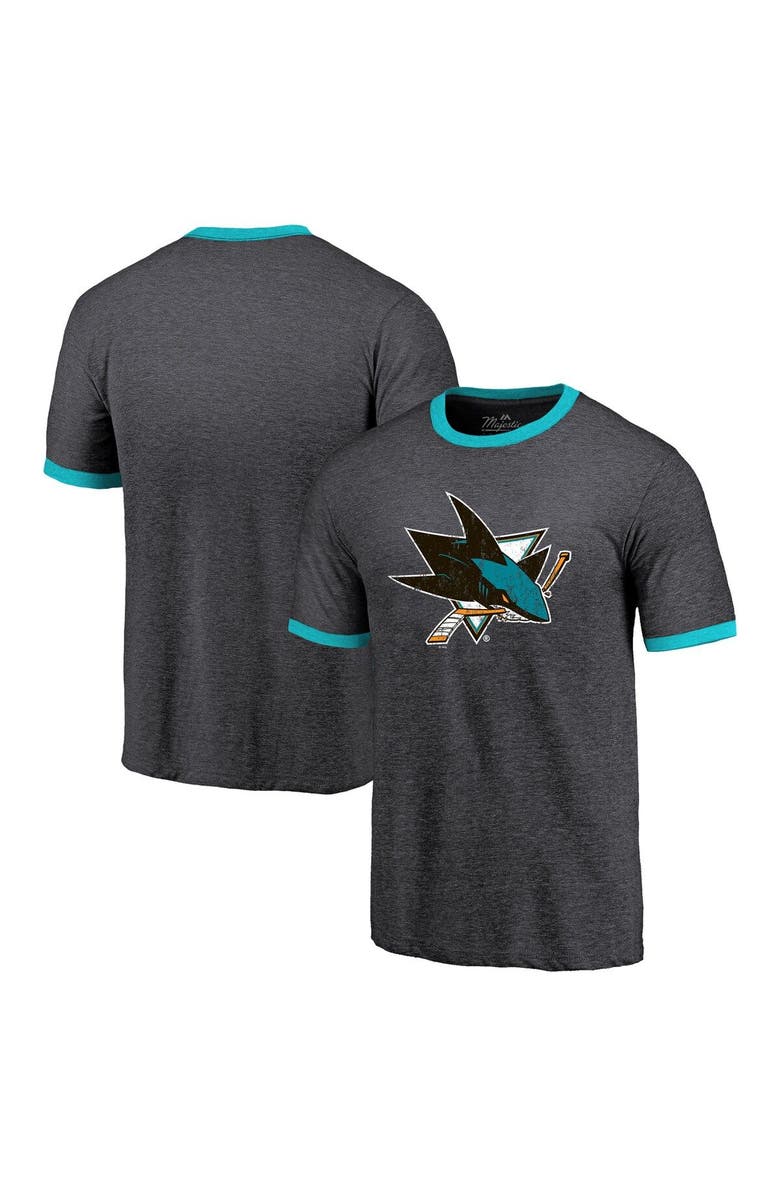 Majestic Threads Men's Majestic Threads Heathered Black San Jose Sharks Ringer Contrast Tri-Blend T-Shirt, Main, color, 