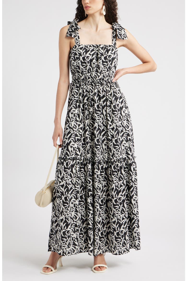 Tie Strap Floral Print Maxi Dress, Alternate, color, BLACK- IVORY ABSTRACT FOLIAGE