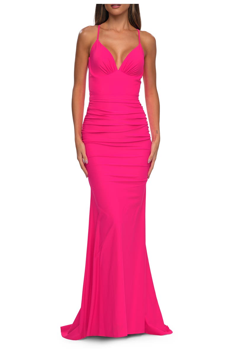 La Femme Simple Jersey Dress with Low Open Back and Ruched Zipper, Main, color, Neon Pink