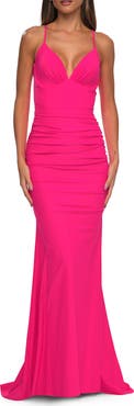 La Femme Simple Jersey Dress with Low Open Back and Ruched Zipper