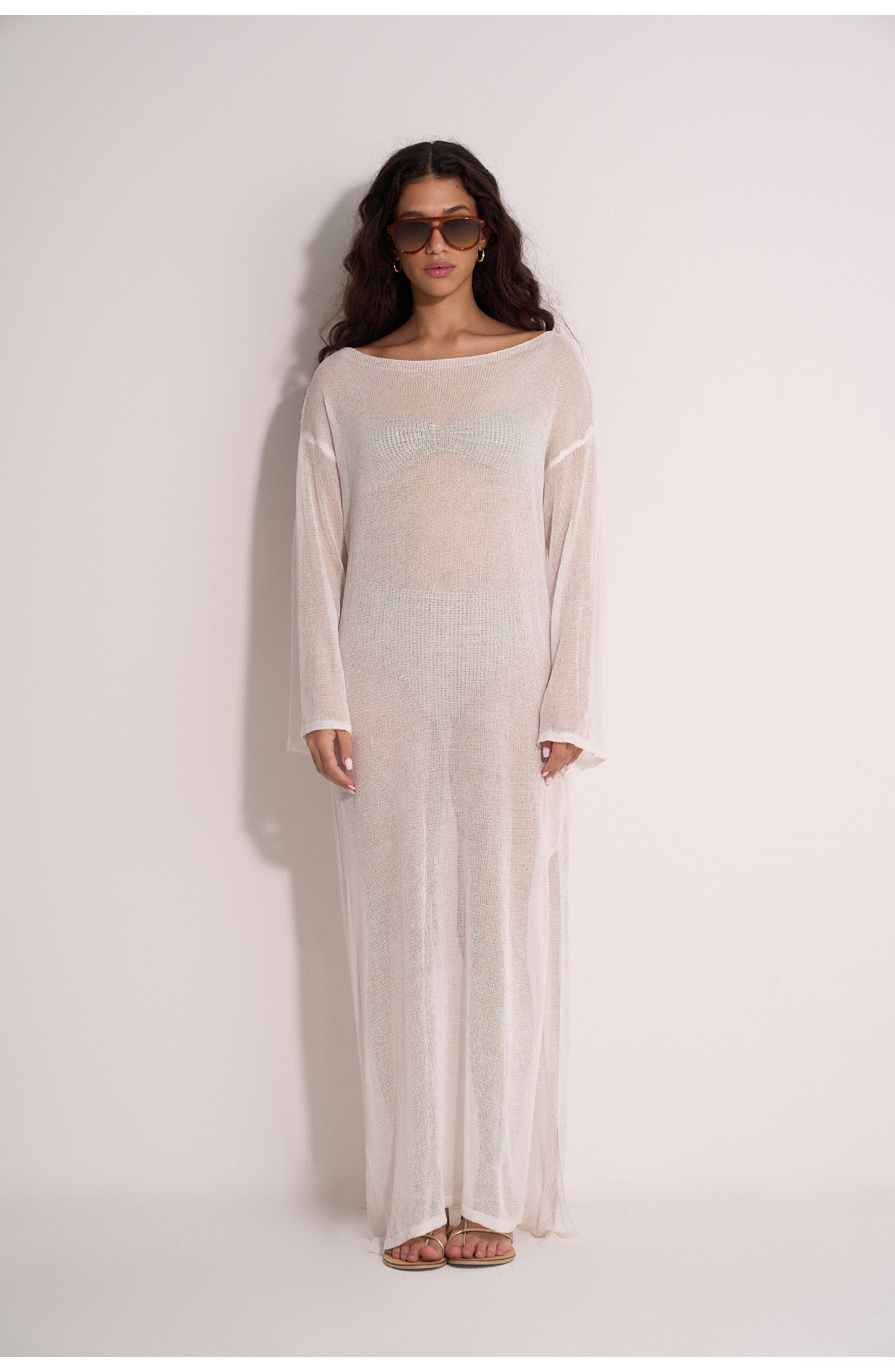 Gottex Beach Life Classic Fishnet Long Sleeve Beach Dress in White 