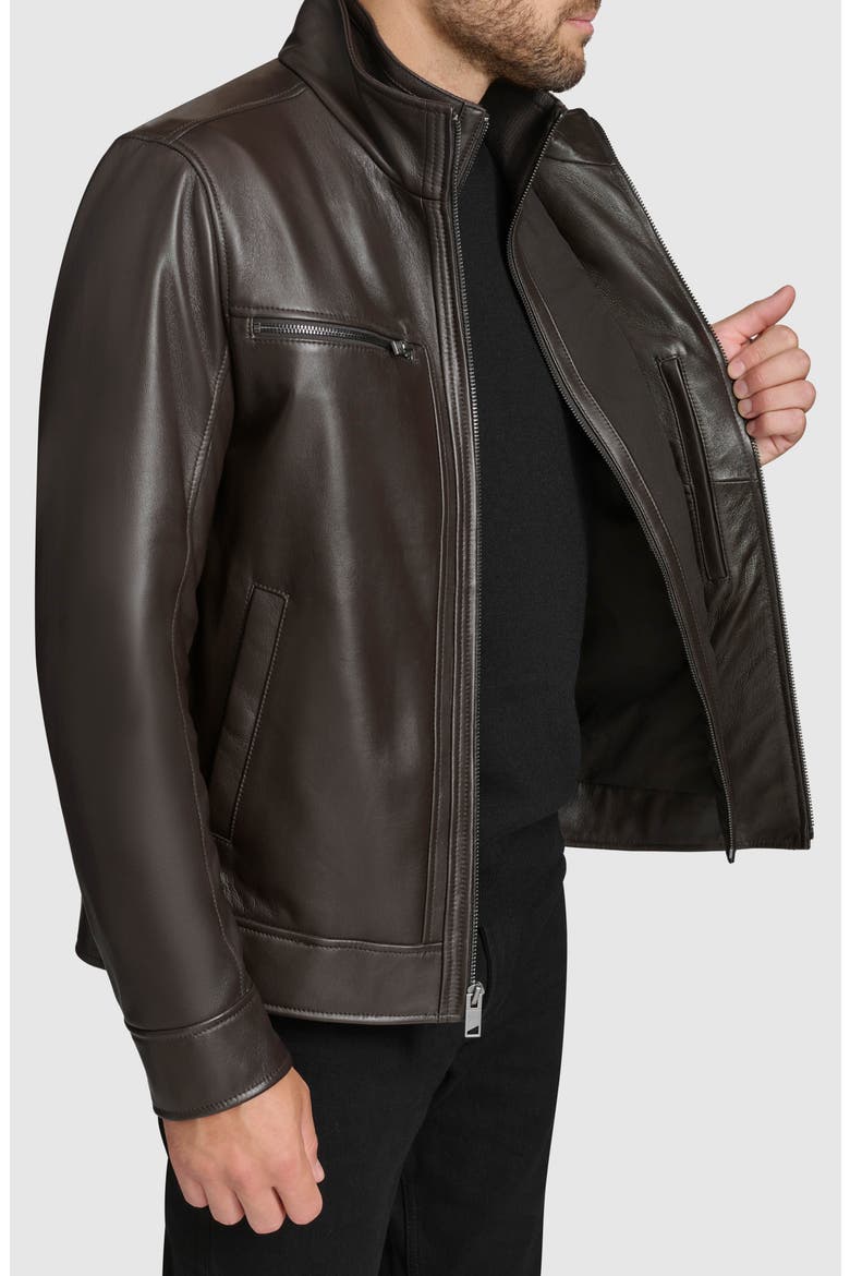 Leather Moto Jacket with Attached Bib, Alternate, color, DARK BROWN