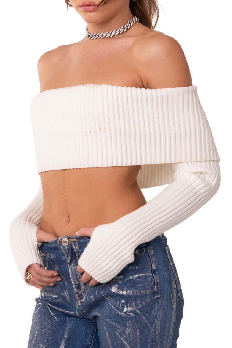 Astrea Foldover Off the Shoulder Crop Sweater, Alternate, color, CREAM