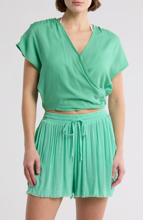 Short Sleeve Faux Wrap Cover-Up Crop Top