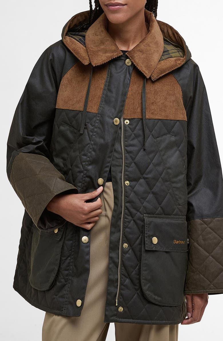 Barbour Imelda Water Repellent Mixed Media Jacket with Removable Hood, Main, color, Archive Olive/ Olive/ Beech