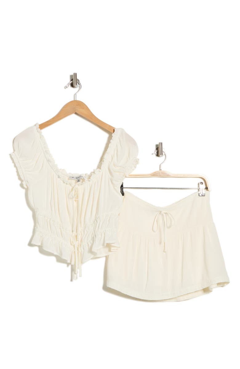 Madden Girl Puff Sleeve Peplum Crop Top & Miniskirt Set, Main, color, Cream