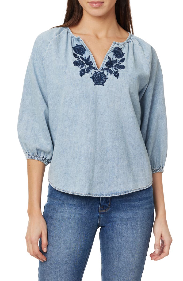 CURVE APPEAL Embroidered Denim Peasant Top, Main, color, Palma