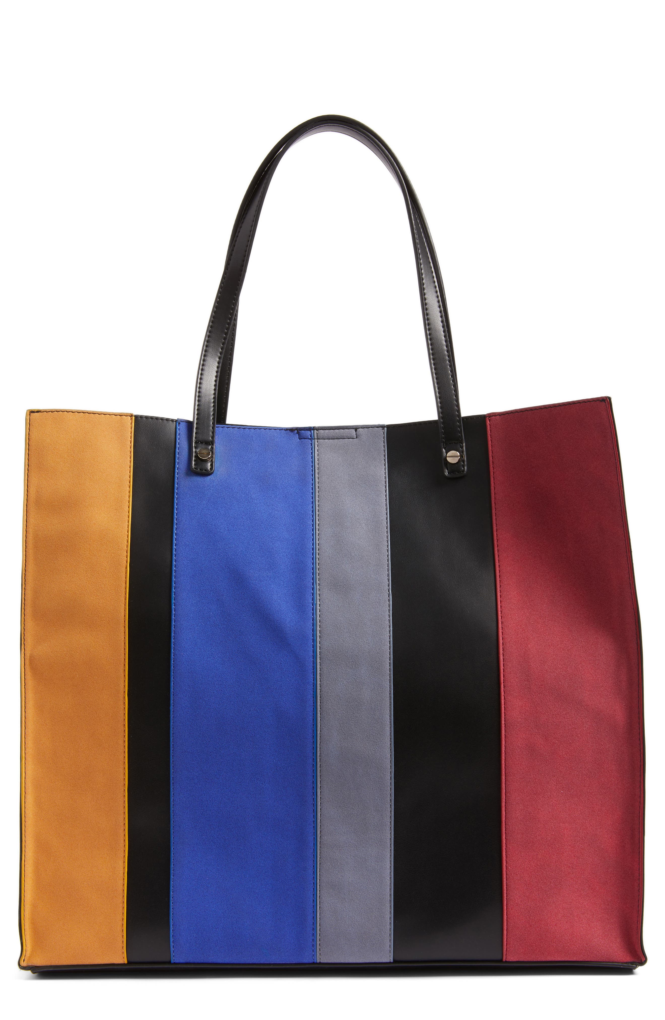 Stripe Faux Leather Tote, Main, color, BLACK