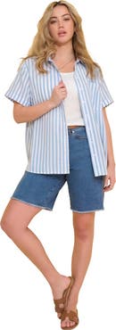 Roaman's Plus Size Linen Blend Short Sleeve Button Front Shirt