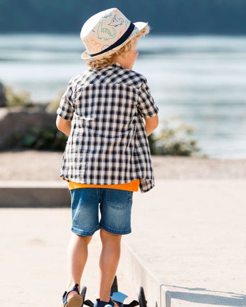 Deux Par Deux Little Boy's Short Sleeve Button Down Shirt Black And Beige Plaid In Black And Beige Plaid