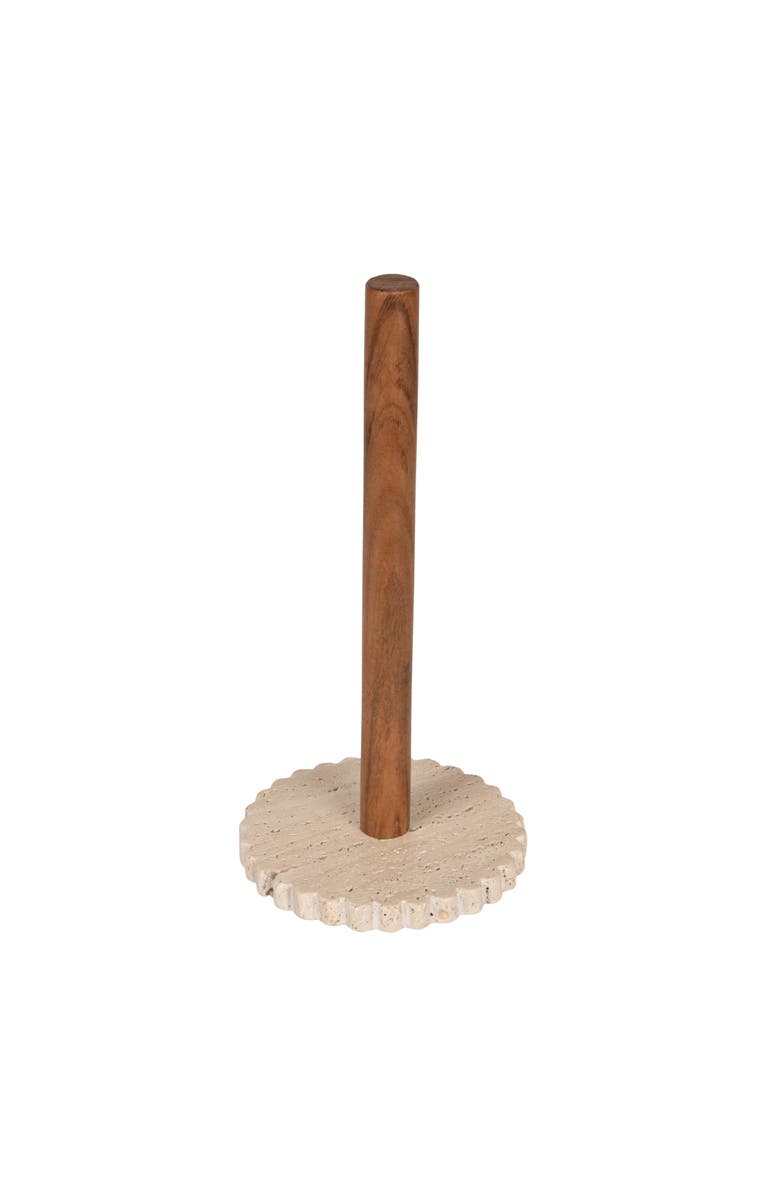 Storied Home Acacia Wood Paper Towel Holder with Scalloped Travertine Base, Natural and Cream Color, Main, color, Natural