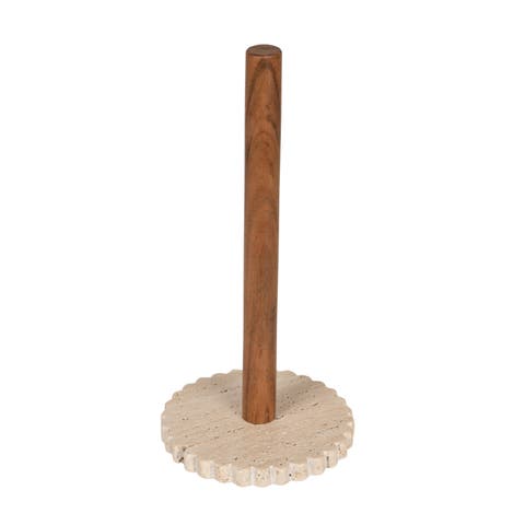 Acacia Wood Paper Towel Holder with Scalloped Travertine Base, Natural and Cream Color