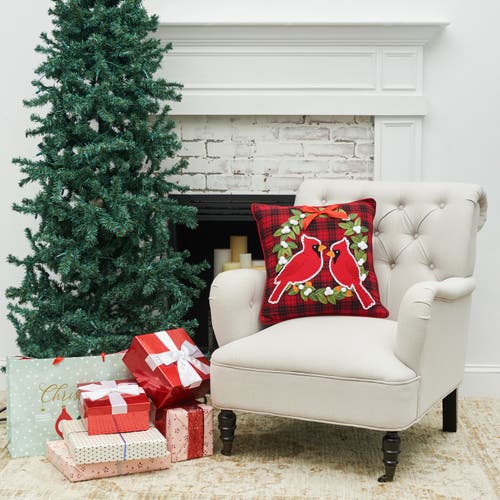 C & F Home C&f Home Cardinal Plaid Christmas Wreath Tufted Accent Pillow, 18" X 18" In Red