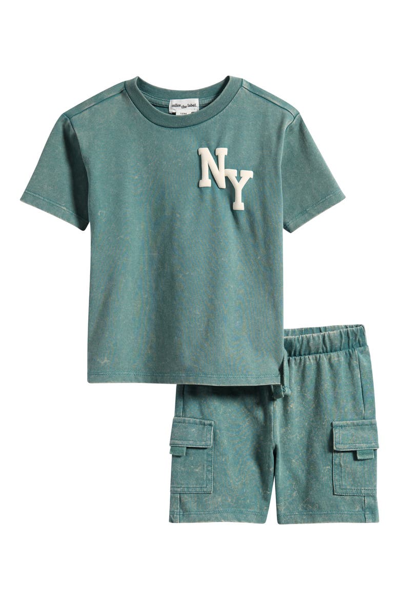 NYC Print Organic Cotton Graphic T-Shirt & Shorts Set, Main, color, TEAL