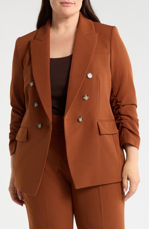 Ruched Sleeve Double Breasted Blazer (Plus)