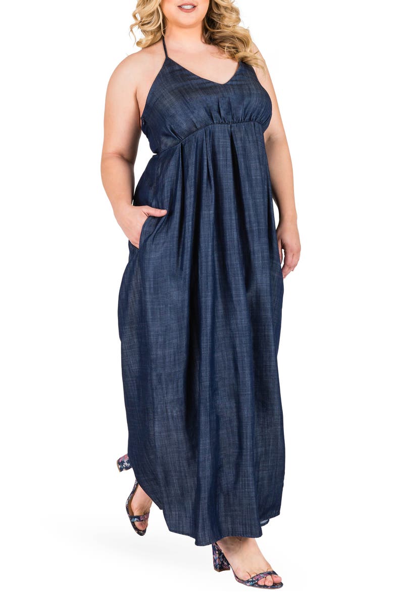 Maui Maxi Chambray Halter Dress, Main, color, DARK BLUE