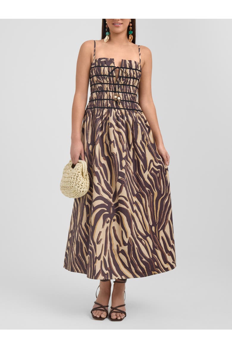 Zerra Smocked Corset Maxi Dress, Main, color, Brown Abstract