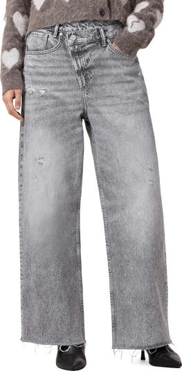 【Anyone more】Aki Former Damage Wash Wide Pants Estelle Black Acid Wash Wide Leg Front Seam Denim Pants
