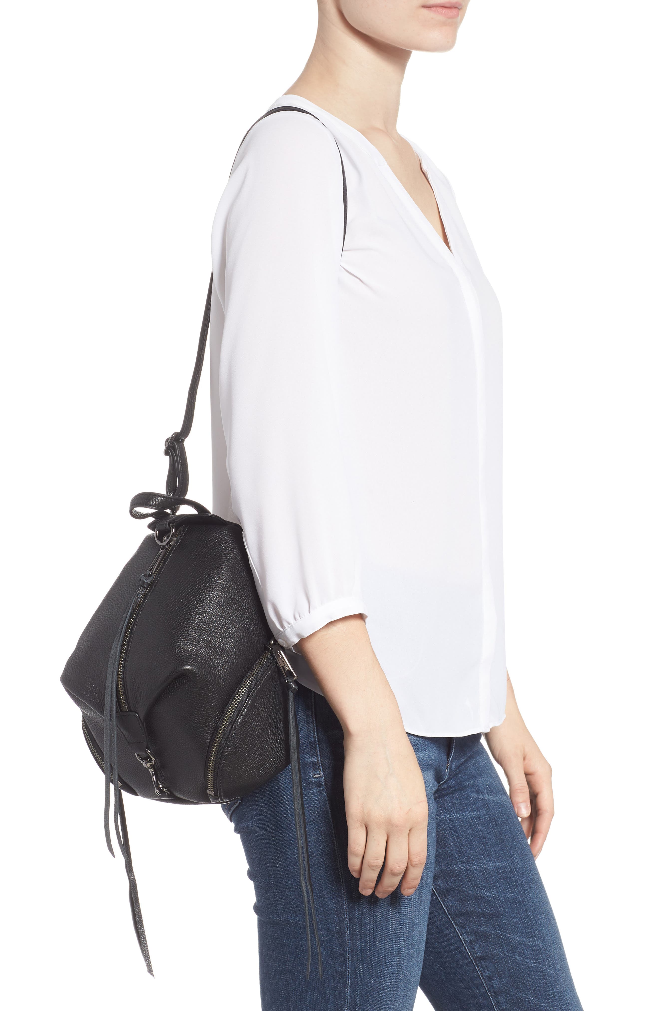 Rebecca Minkoff Mini Julian Pebbled Leather Convertible Backpack, Alternate, color, Black