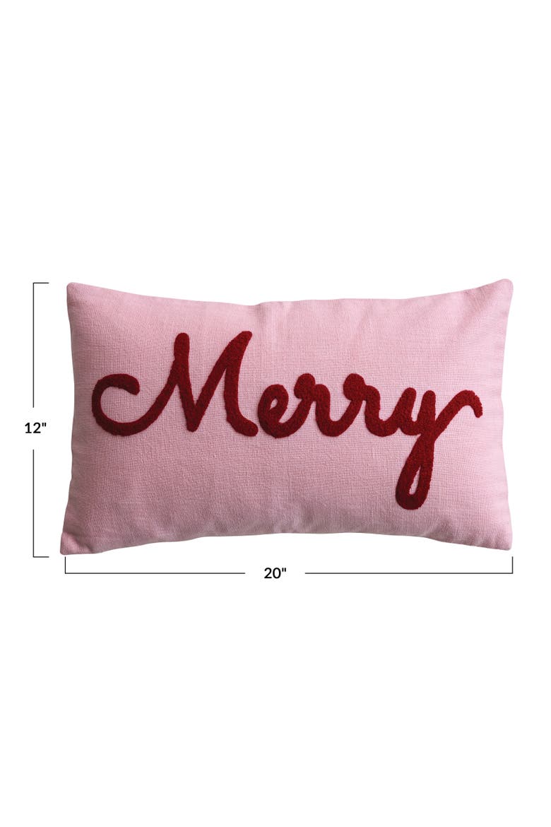 Embroidered Cotton Slub Lumbar Pillow, Merry Script, Alternate, color, Red and Pink