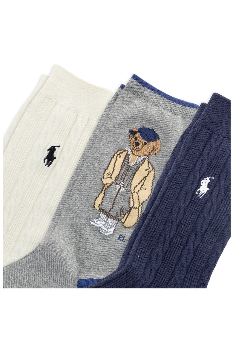 Embroidered Fall Bear Assorted 3-Pack Cotton Blend Crew Socks, Alternate, color, NAVY ASSORTED