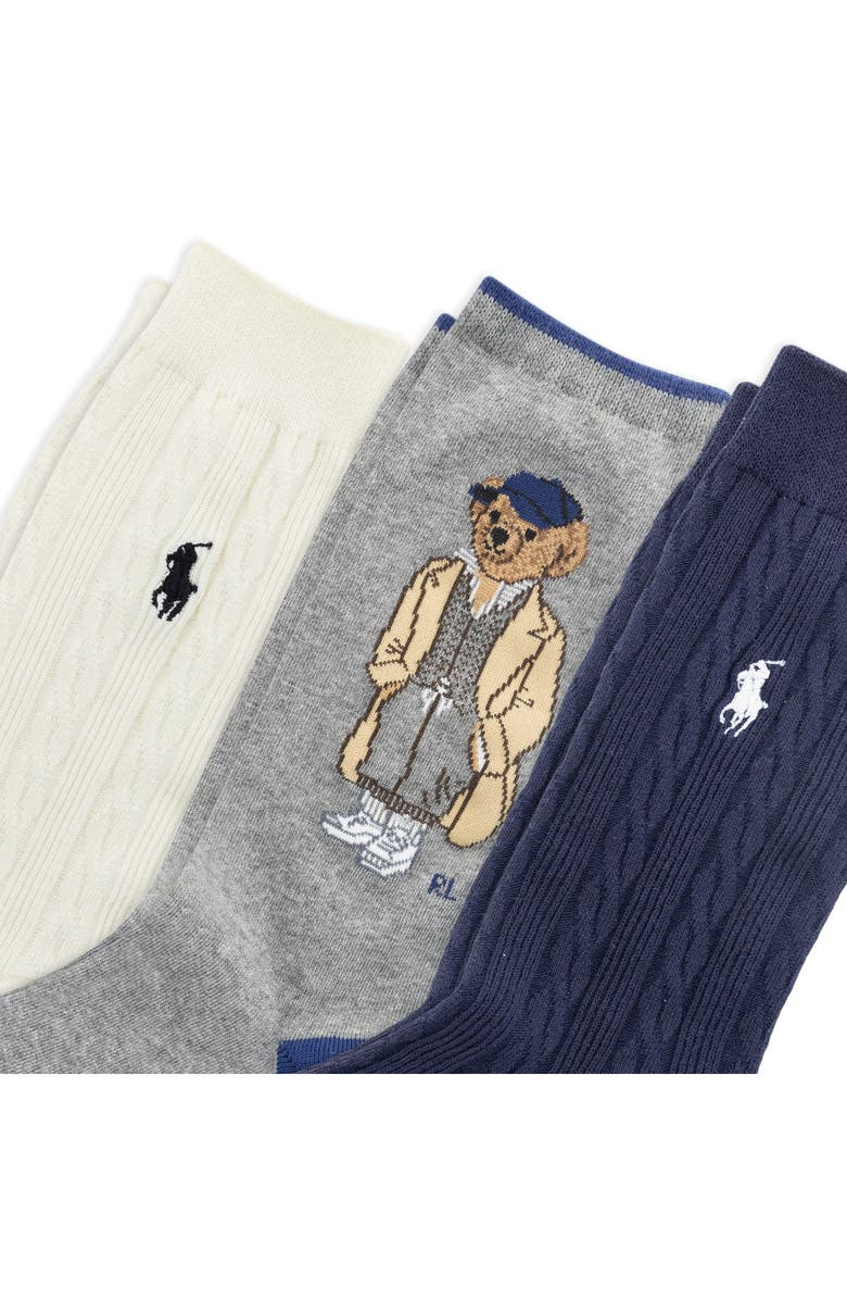Polo Ralph Lauren Embroidered Fall Bear Assorted 3-Pack Cotton Blend Crew Socks, Alternate, color, Navy Assorted