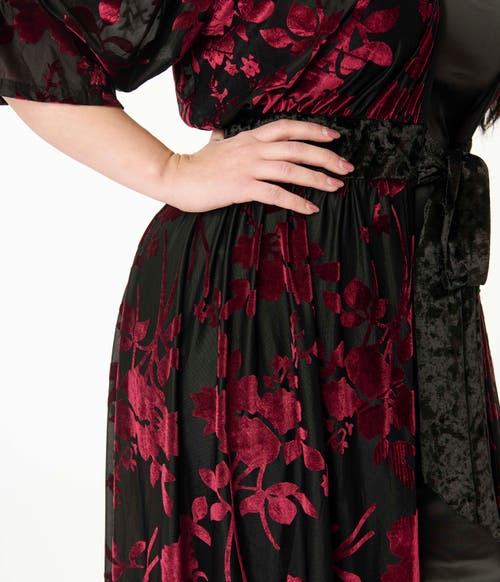 Unique Vintage Plus Size Floral Velvet Burnout Duster In Black
