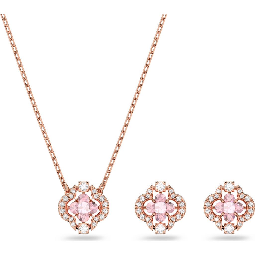 Swarovski Una Earrings And Necklace Set Clover Pink Rose Gold-tone Plated In Gold