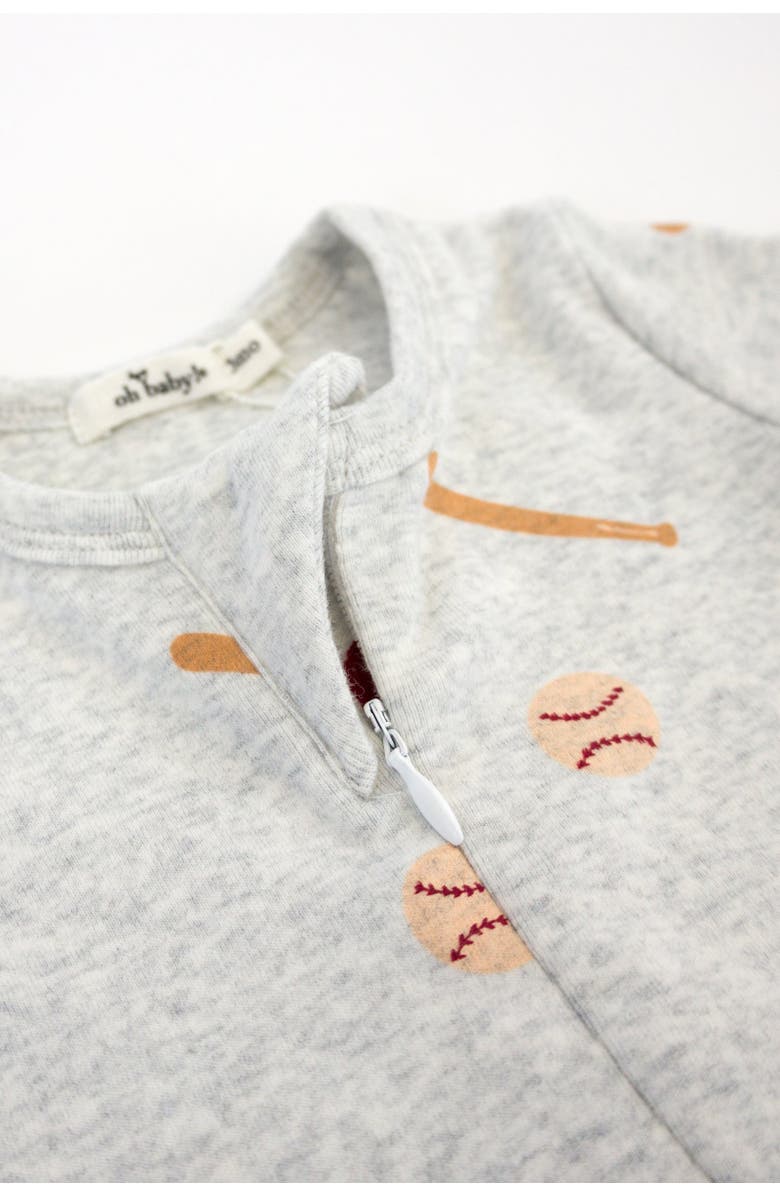 oh baby! Baseball Print Zipper Footie, Alternate, color, Heather Grey