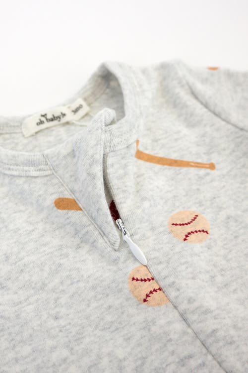 Oh Baby ! Baseball Print Zipper Footie In Heather Grey
