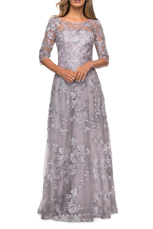La Femme Cap Sleeve Long Evening Gown With Lace Detailing In Lavender/gray