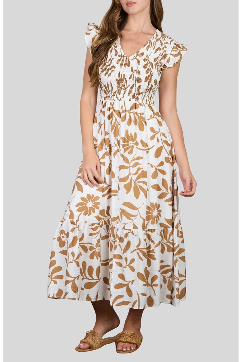 Floral Midi Dress, Main, color, LIGHT BROWN