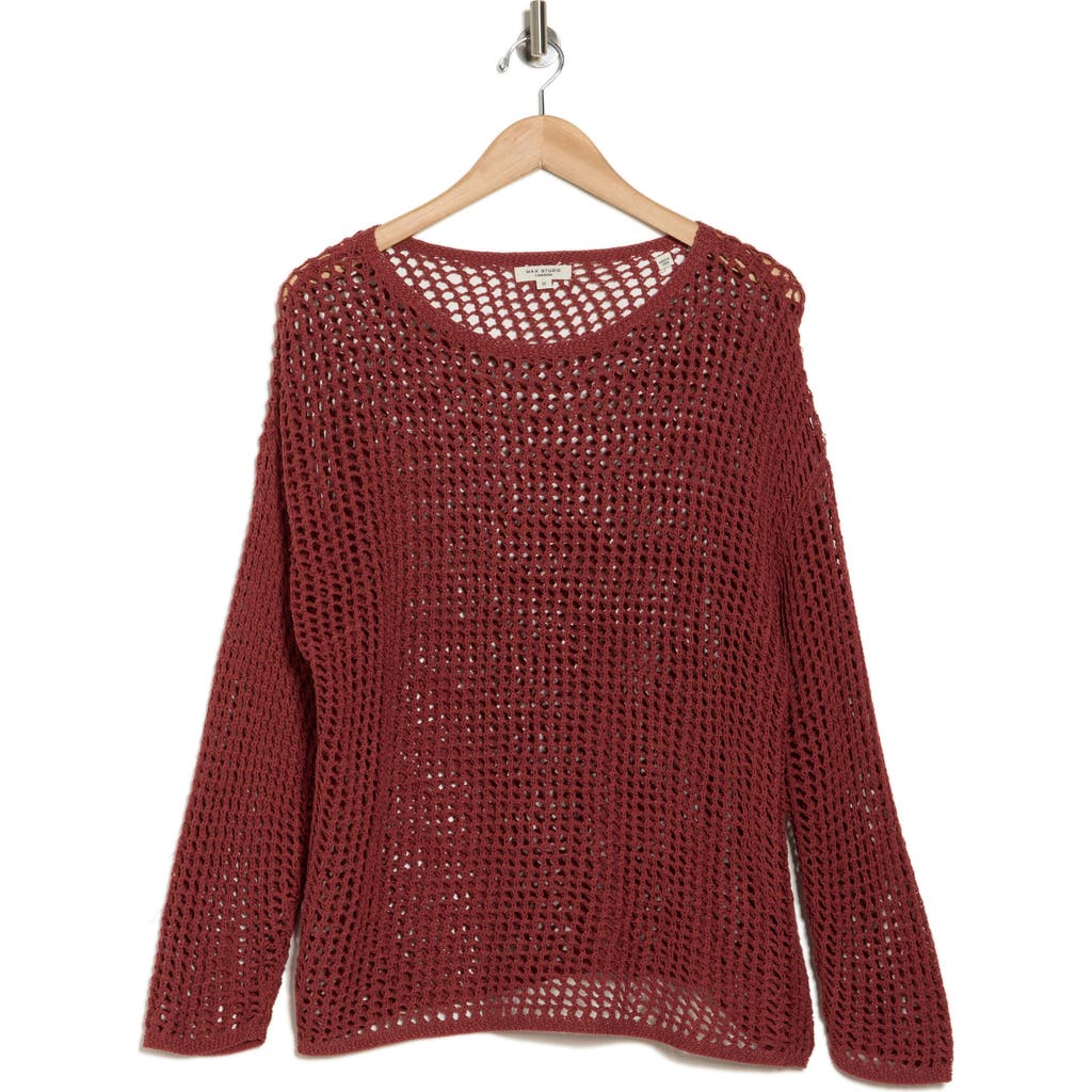 Max Studio Long Sleeve Mesh Open Knit Top In Marsala