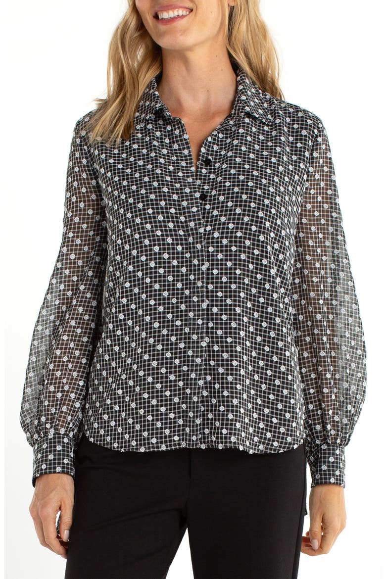 Balloon Sleeve Button-Up Top, Main, color, BLACK/ WHITE PLAID