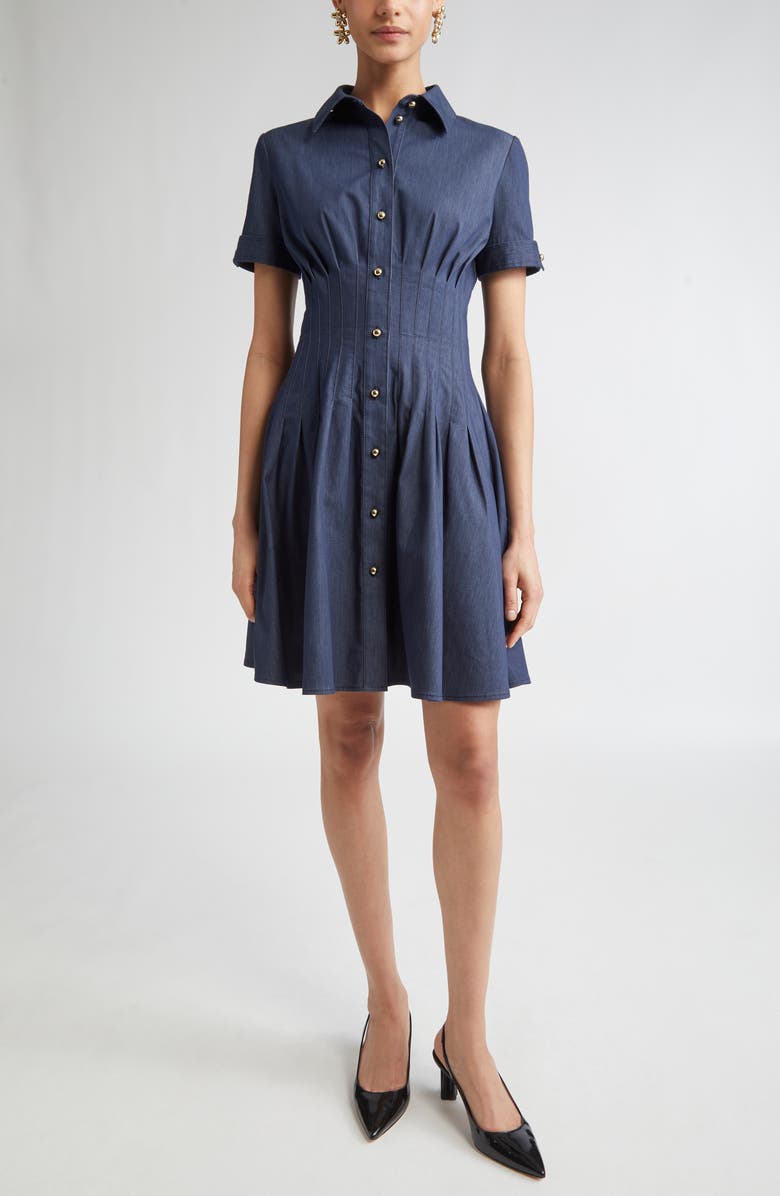 Carolina Herrera Pintuck Waist Stretch Denim Shirtdress, Main, color, Dark Navy