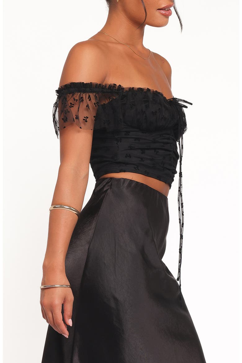 Aster Off the Shoulder Mesh Crop Top, Alternate, color, BLACK