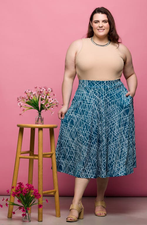 24seven Comfort Apparel Plus Size Print Elastic Waist Pocket Midi Skirt In Teal Multi
